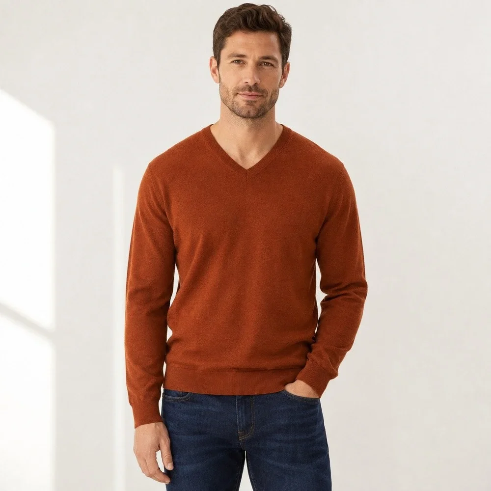 Joseph Abboud Mens XLT Orange Extra Fine Merino Wool V-Neck Sweater RN 77219